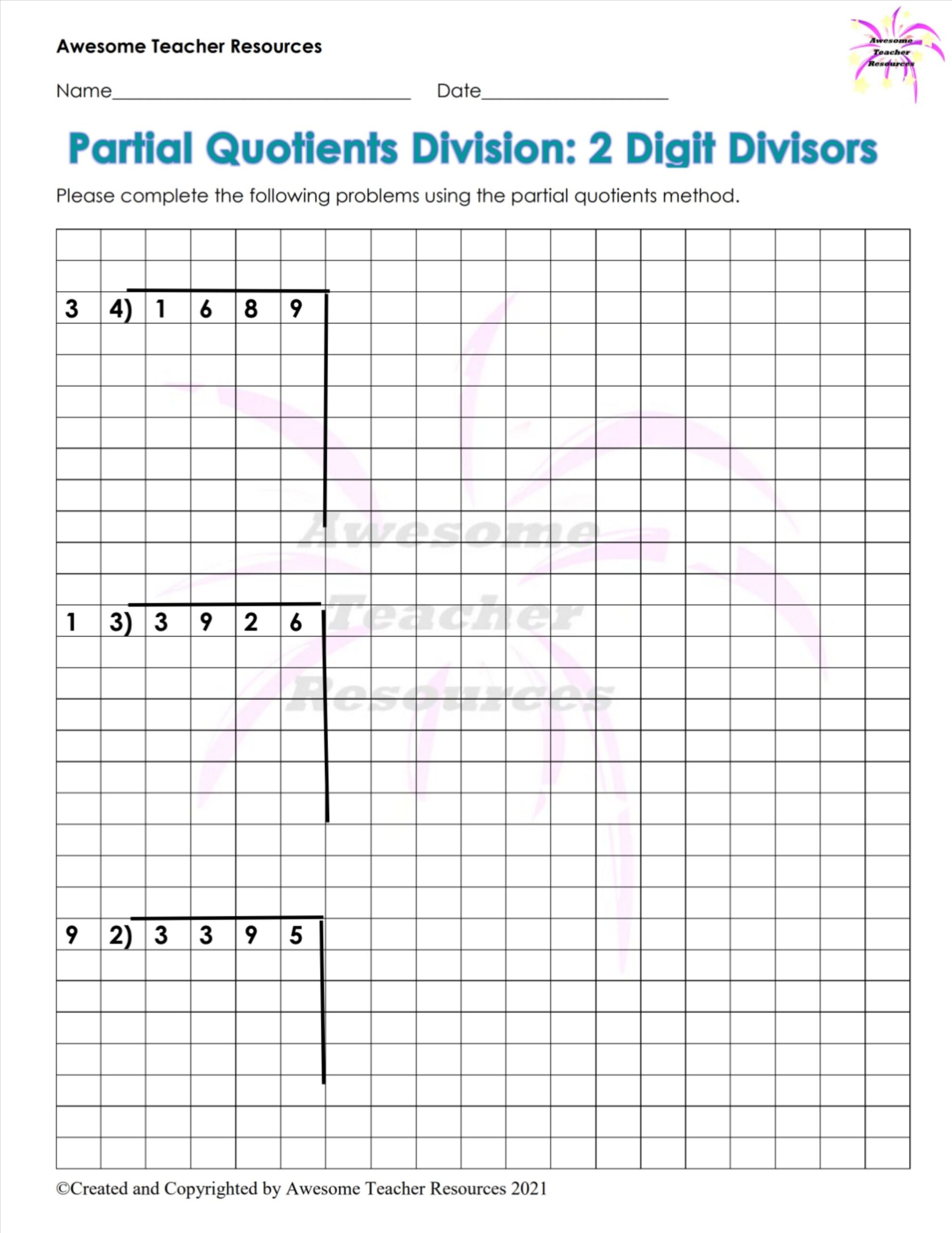Partial Quotients Worksheet Printable Art Activities