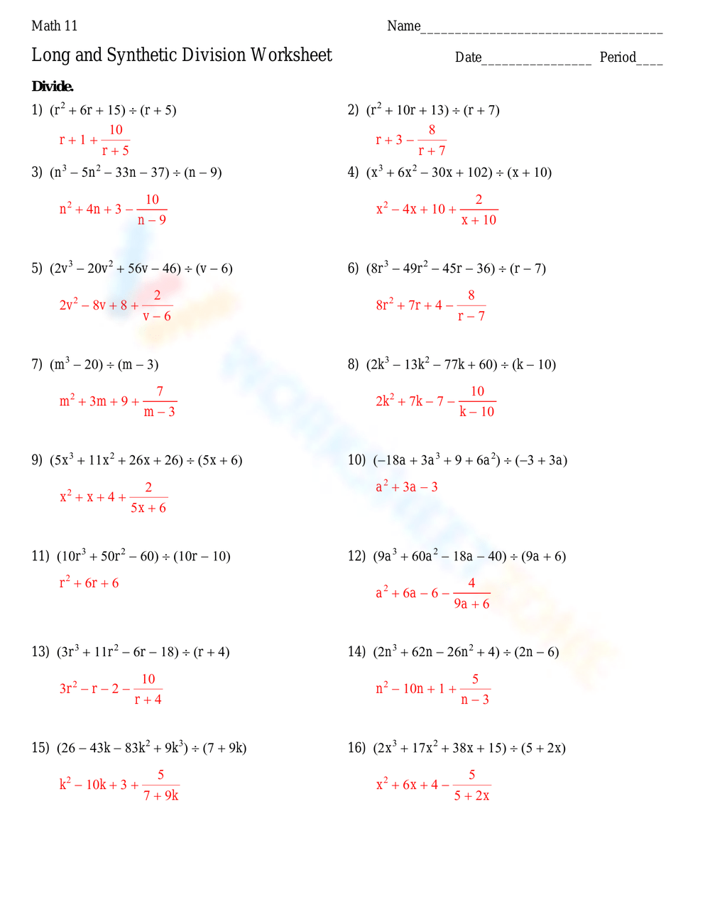 Polynomial Long Division Worksheets Algebra Help