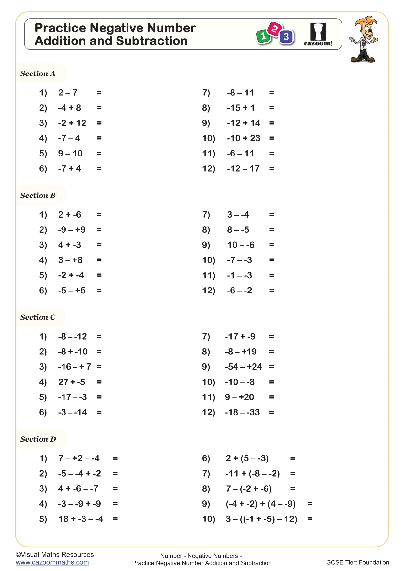 adding and subtracting negative numbers worksheets