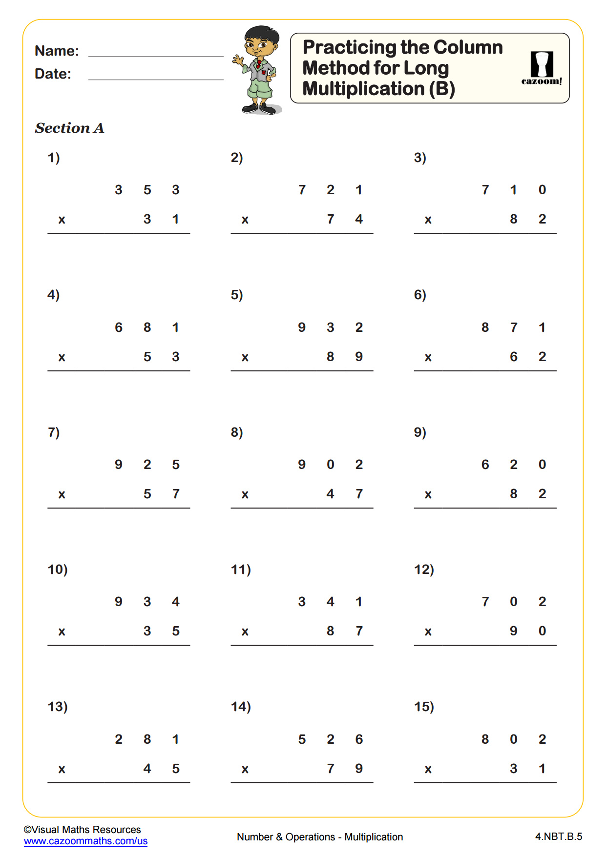 Practicing The Column Method For Long Multiplication B PDF Printable Number And Operations Worksheets