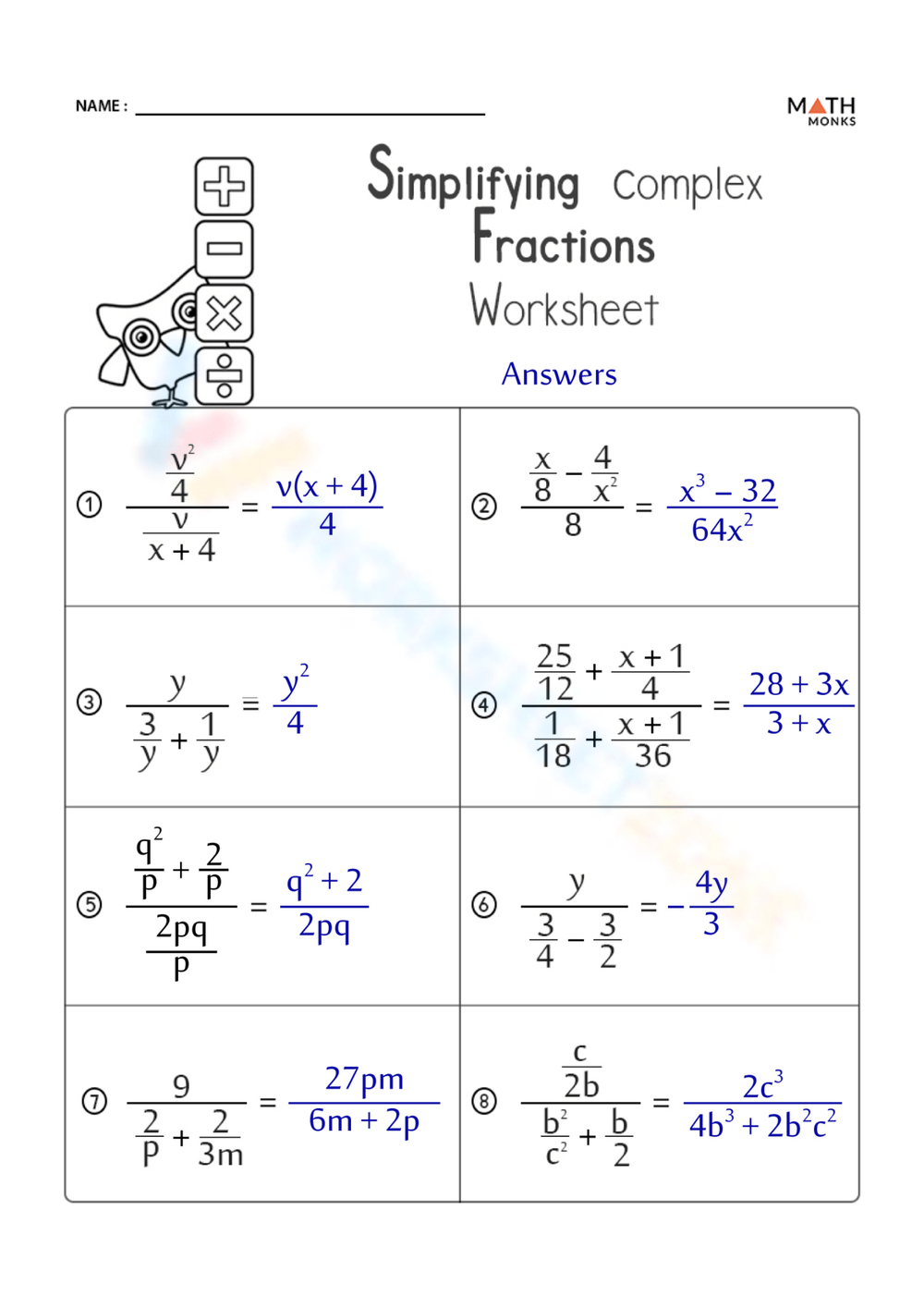 Printable Grade 7 Complex Fractions Worksheets