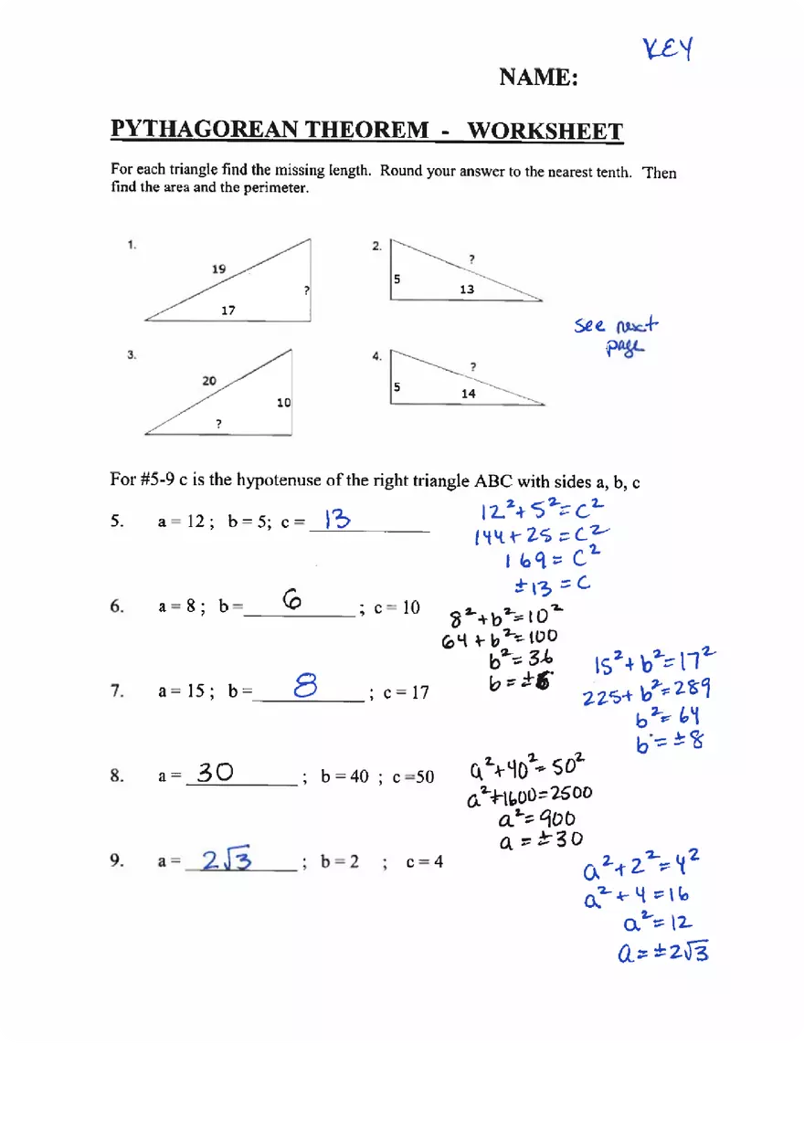 Pythagorean Theorem Worksheet Answer Key Edubirdie