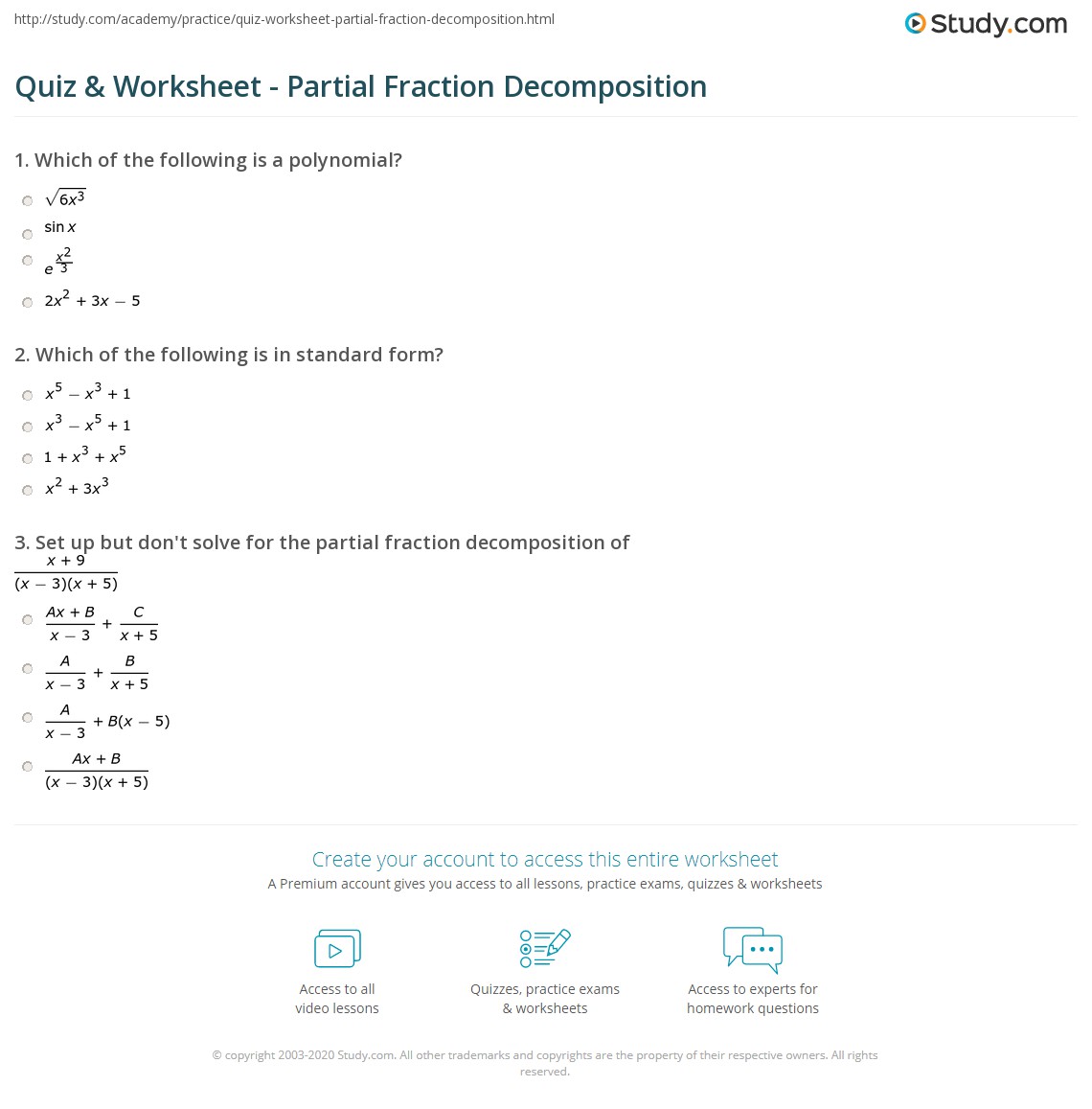 Quiz Worksheet Partial Fraction Decomposition Study