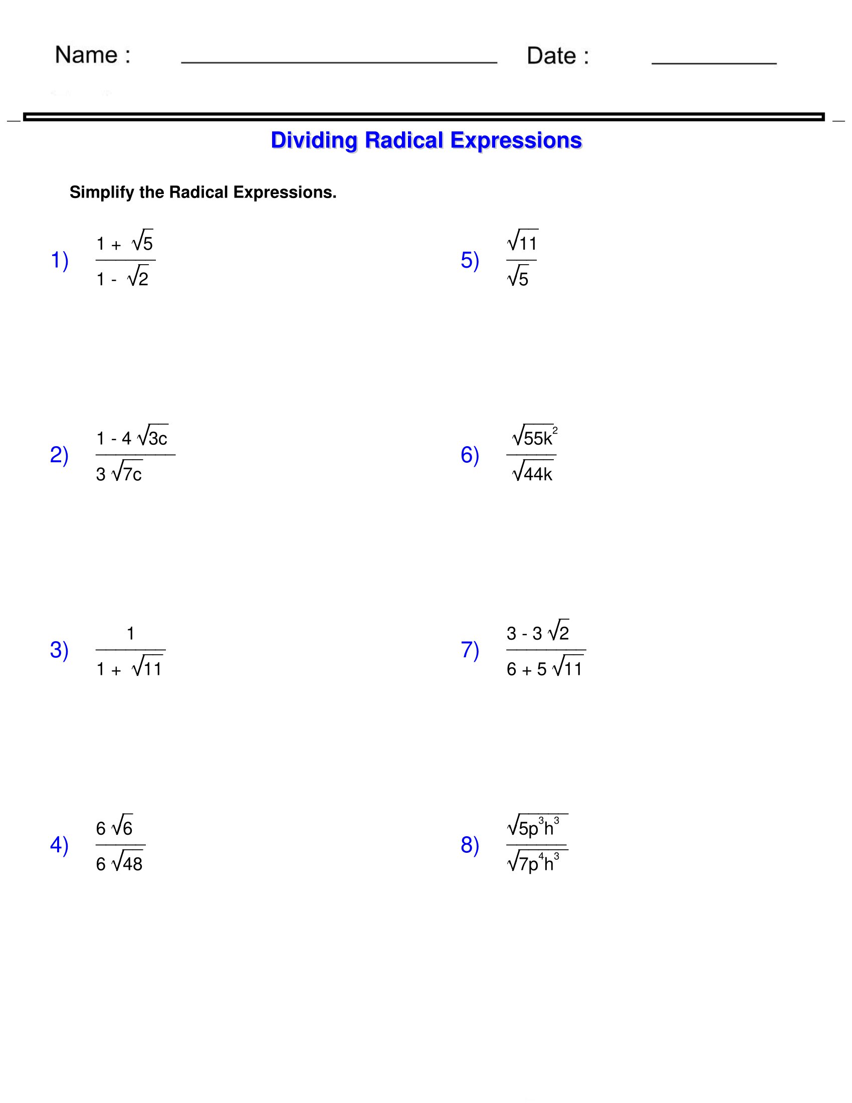 Radicals Worksheets Dividing Radical Expressions Worksheets Made By Teachers