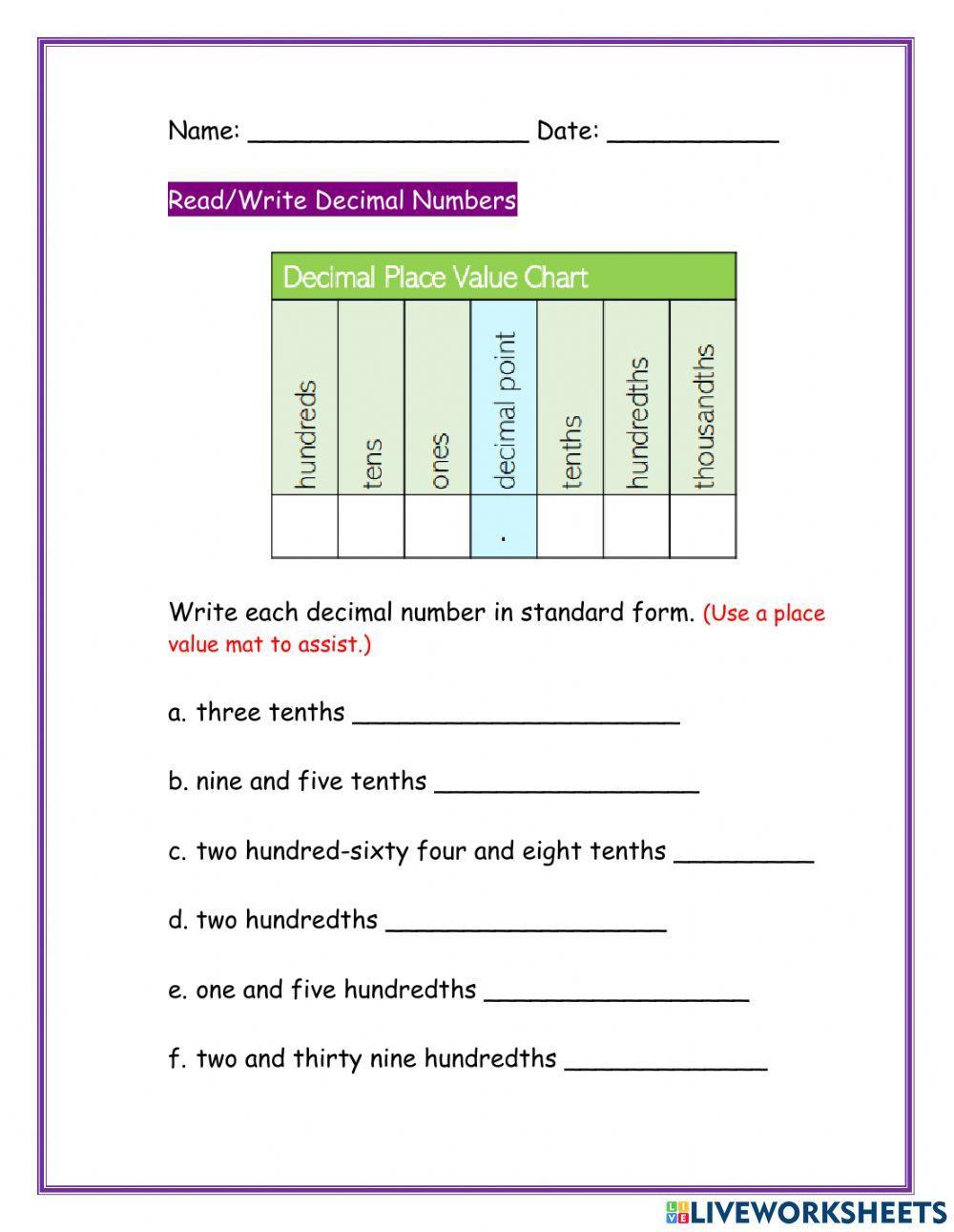 writing decimals in standard form worksheet