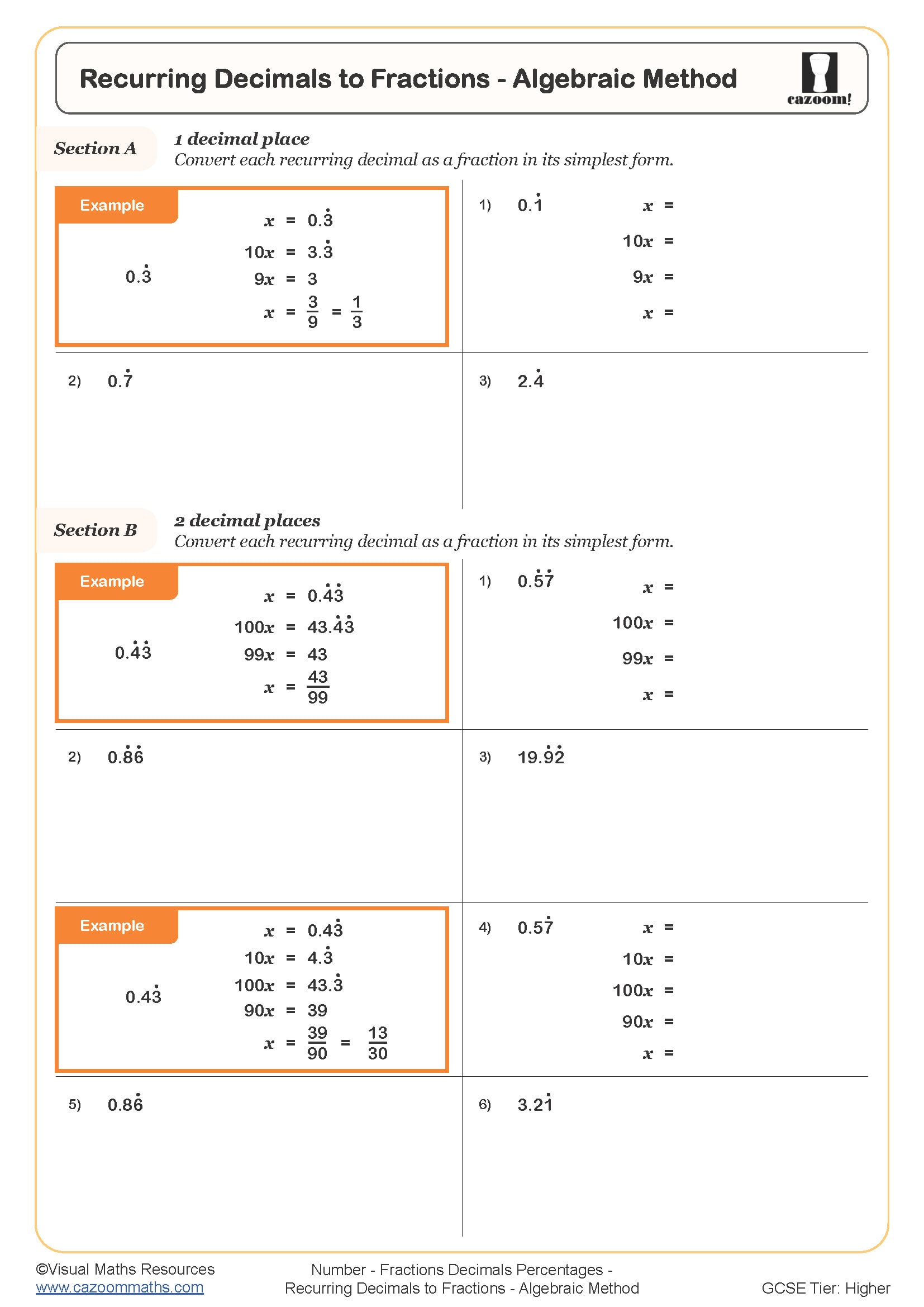 Recurring Decimals To Fractions Algebraic Method Worksheet Cazoom Maths Worksheets