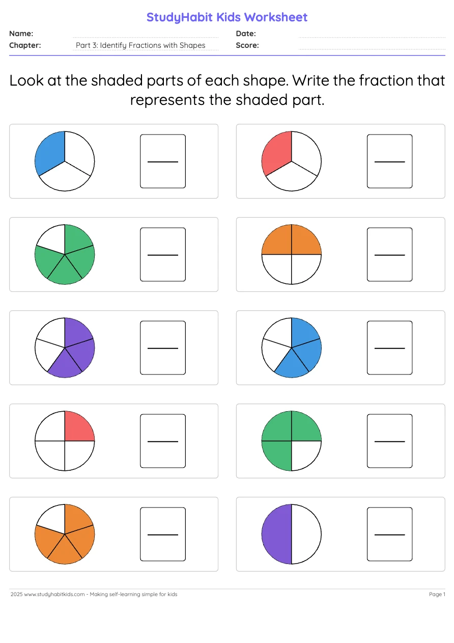 Second Grade Fractions Worksheets Identify Fractions With Shapes 1 2 To 4 5 