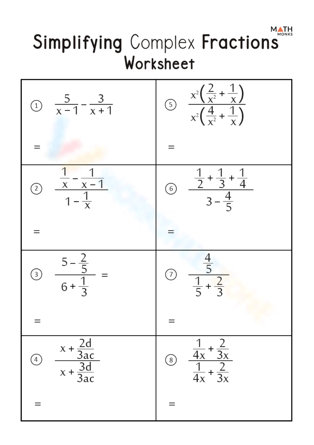 Simplifying Complex Fractions Worksheet