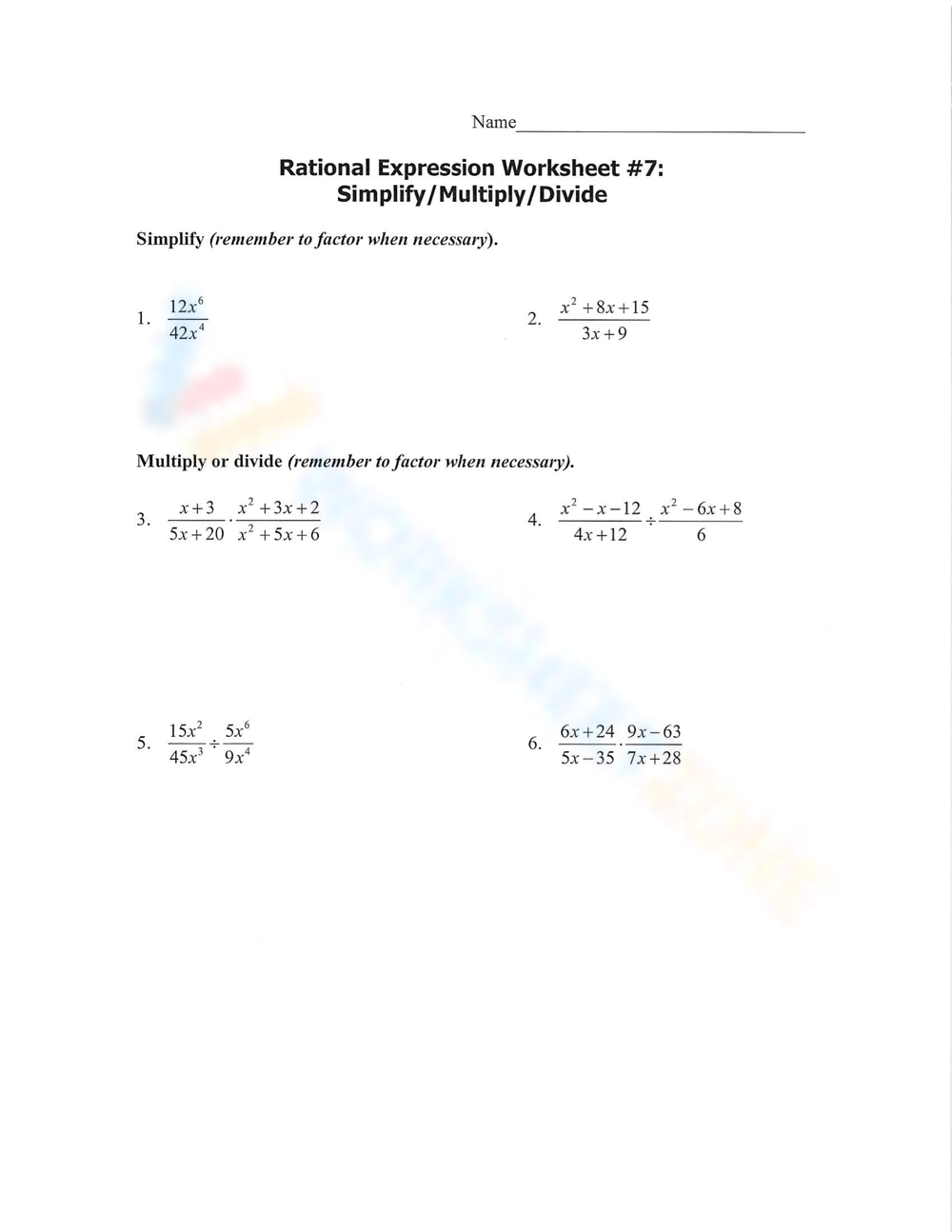 Simplifying Rational Expressions Worksheets Algebra Help
