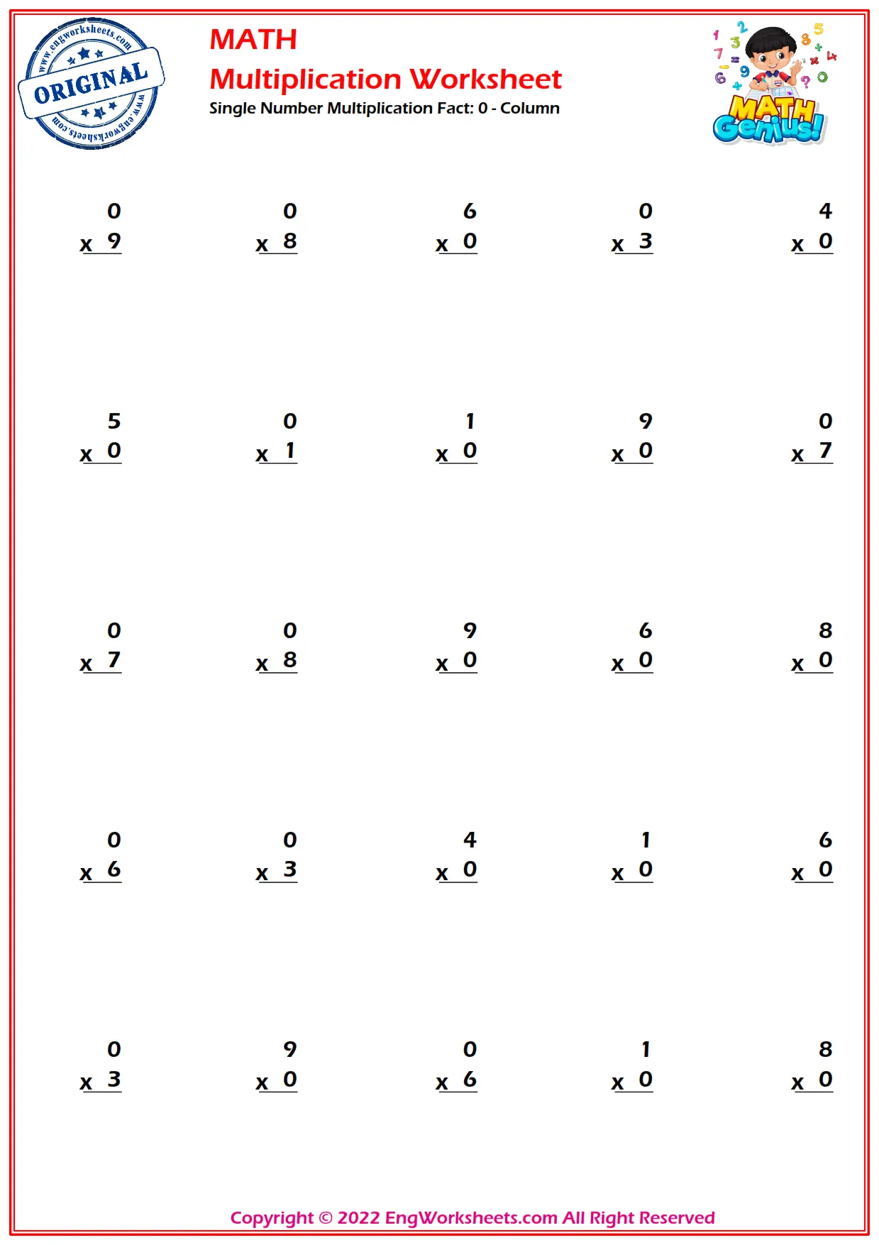 Single Number Multiplication Fact 0 Column EngWorksheets Images Preview Single Number Multiplication Fact 0 Column EngWorksheets Images Preview