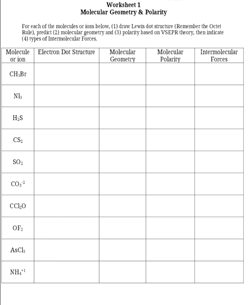 Solved Worksheet 1 Molecular Geometry Polarity For Each Of Chegg Solved Worksheet 1 Molecular Geometry Polarity For Each Of Chegg