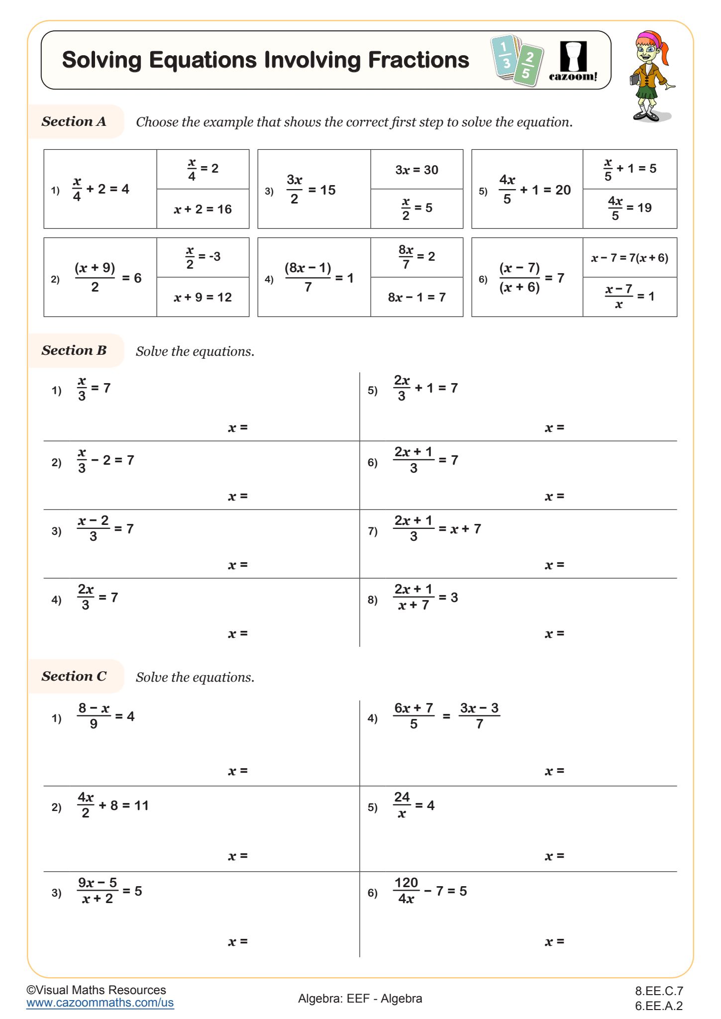 Solving Equations Involving Fractions Worksheet Fun And Engaging 6th Grade And 8th Grade Algebra EEF Worksheet