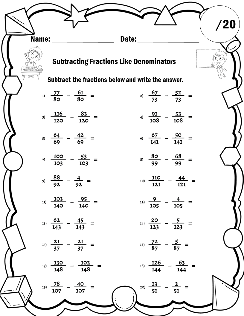 subtracting fractions worksheets