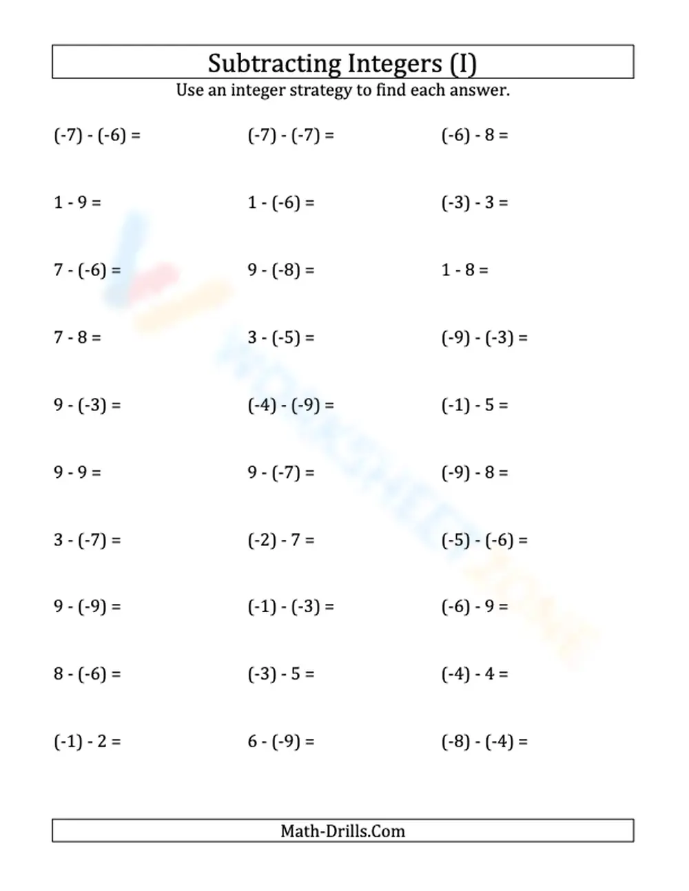 Subtract Negative Integers With Parentheses 9 To 9 Worksheets