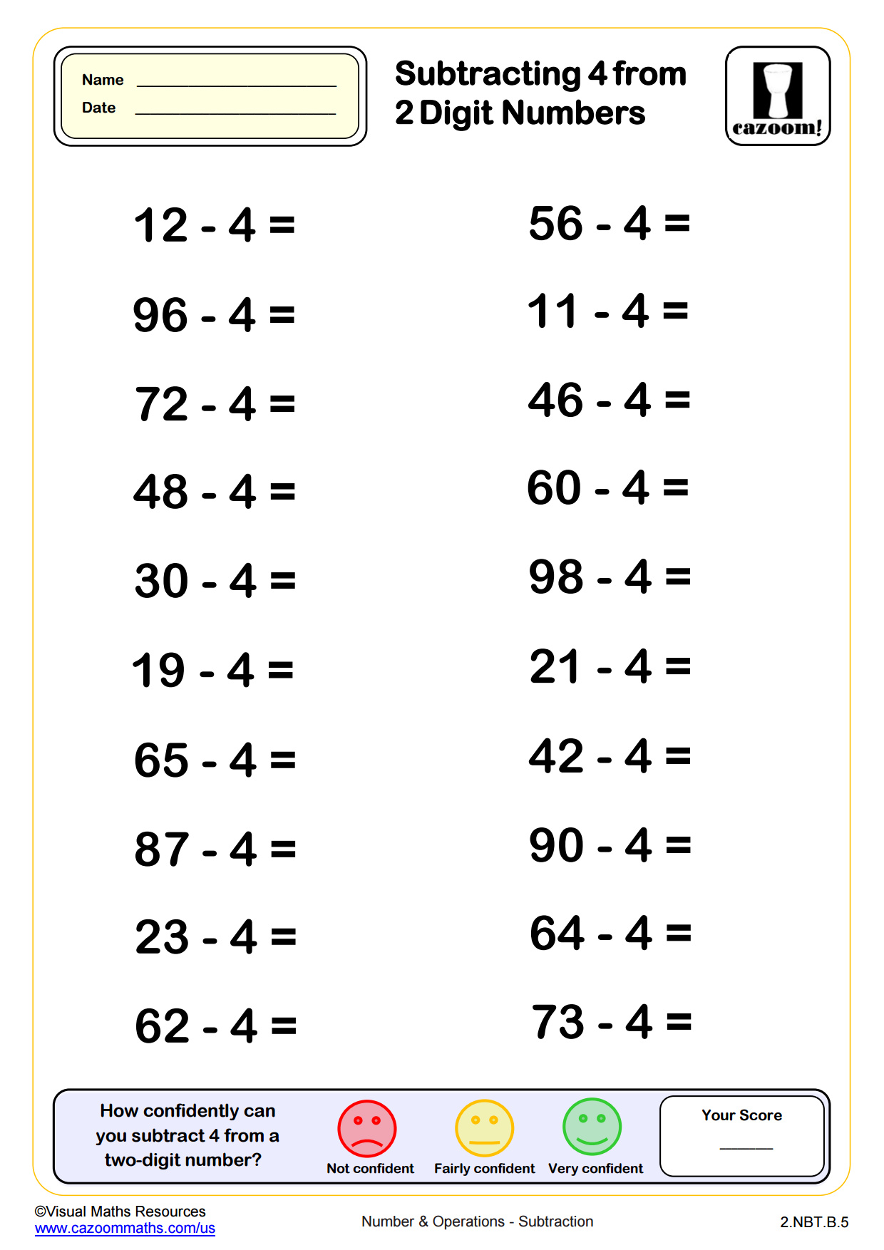 Subtracting 4 From Two Digit Numbers 50 Questions PDF Printable Number And Operations Worksheets