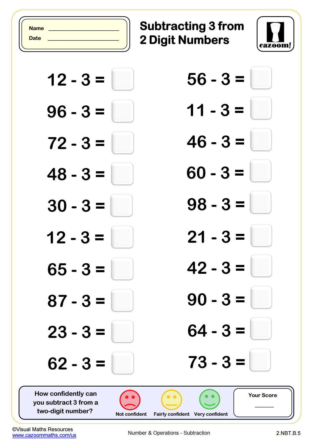Subtracting 5 From Two Digit Numbers 20 Questions 2nd Grade PDF Number And Operations Worksheets