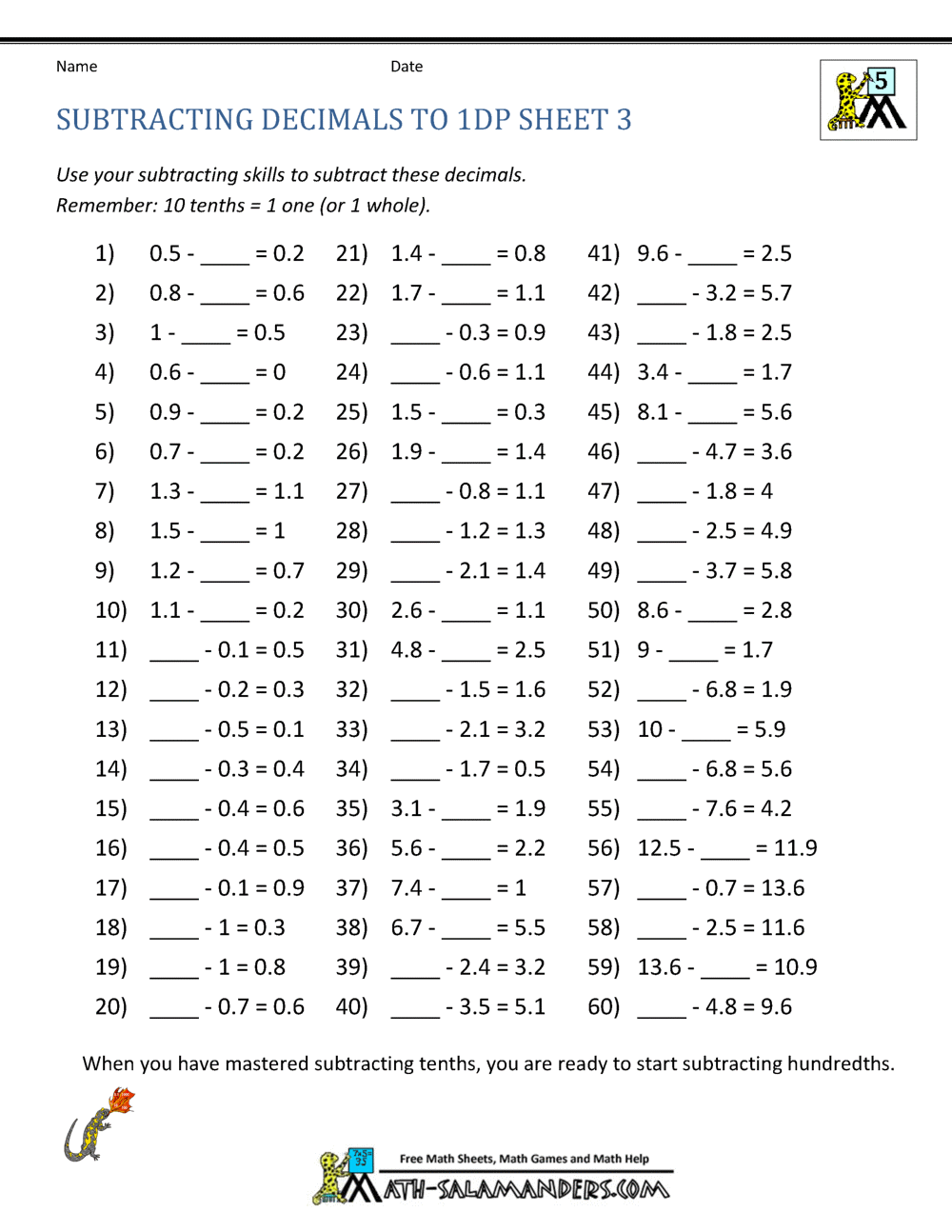 decimal subtraction worksheets decimal subtraction worksheets