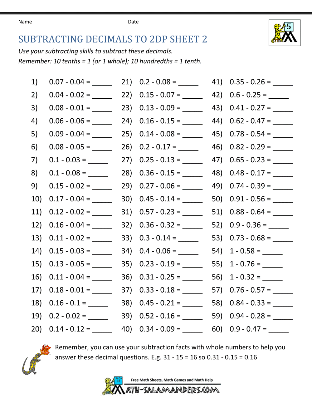 subtract decimals worksheet