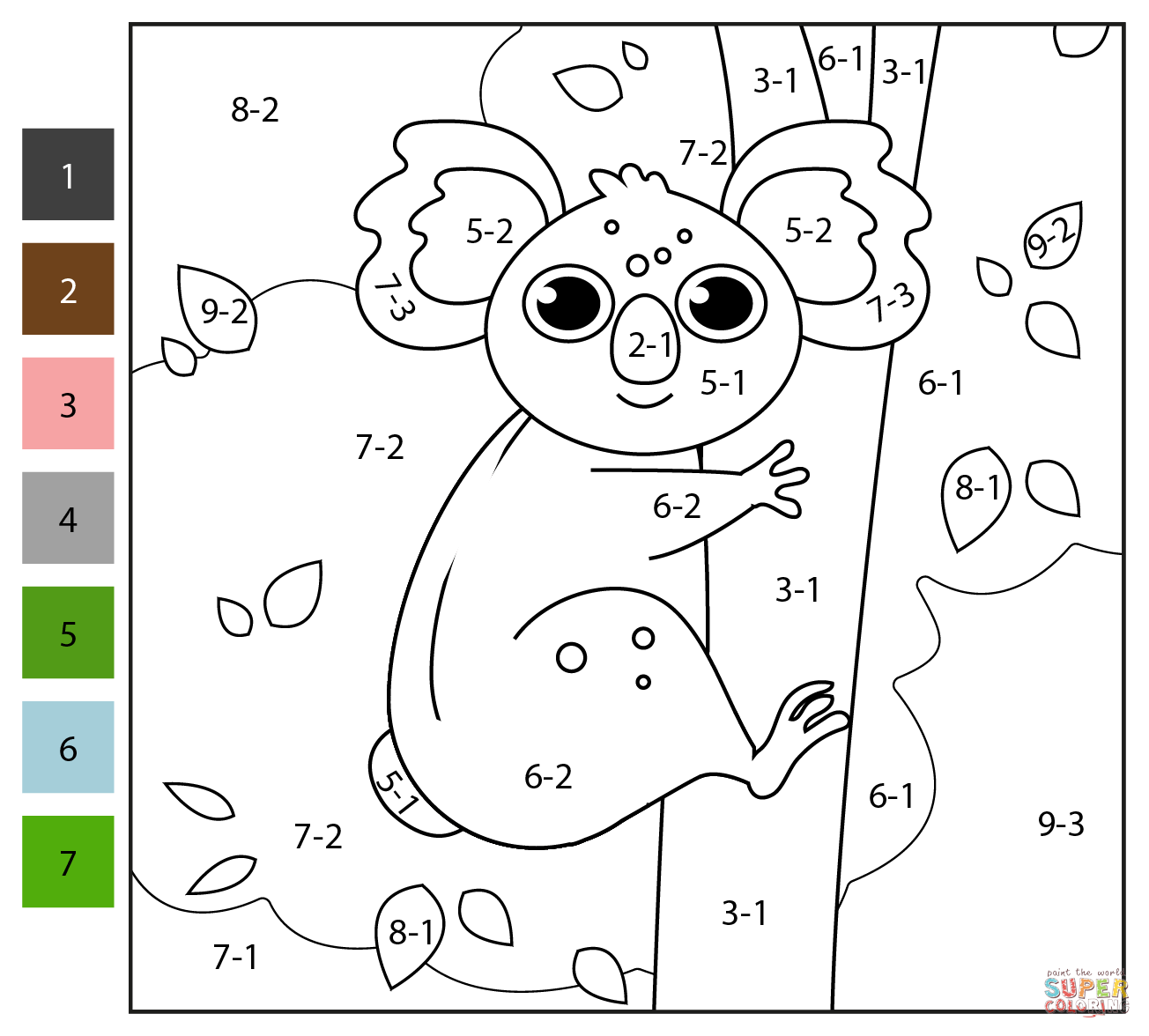 Subtraction Color By Number Koala Coloring Page Free Printable