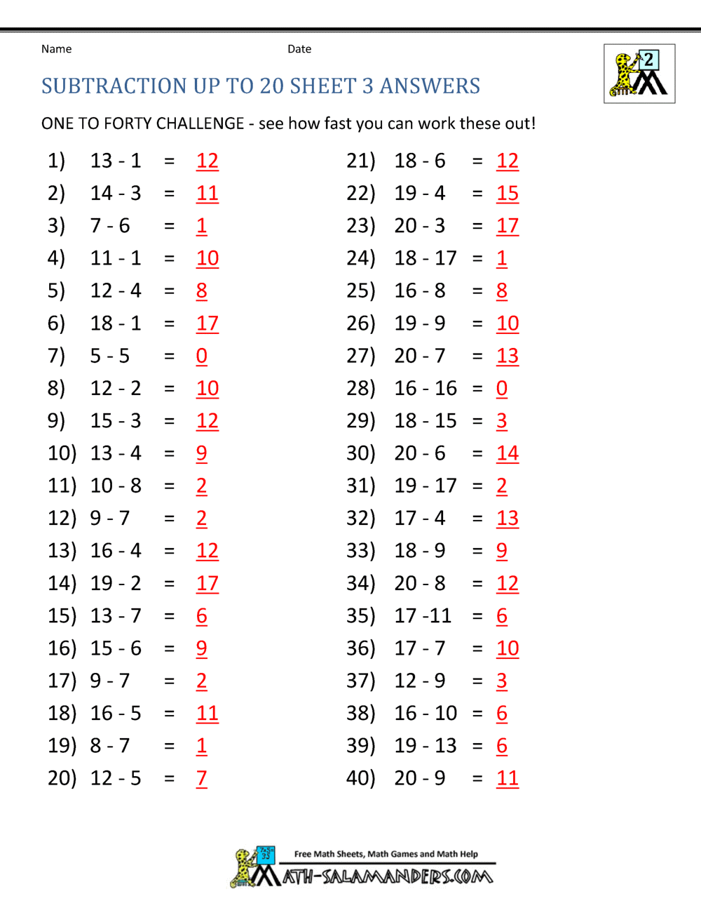 Subtraction Facts To 20 Subtraction Facts To 20