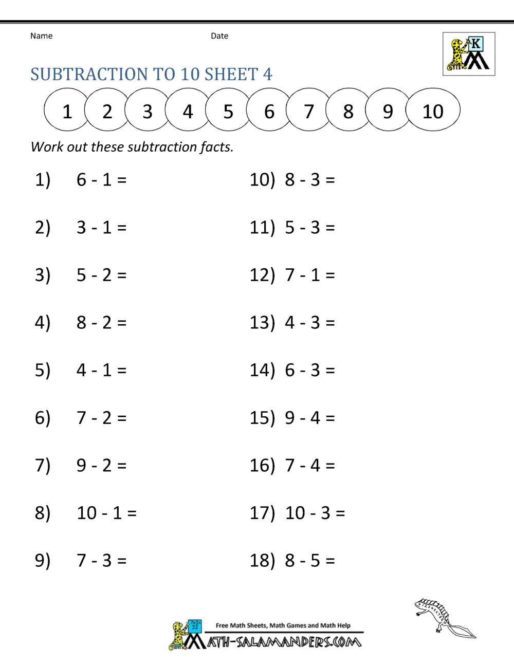 Subtraction To 10 Worksheets Subtraction To 10 Worksheets