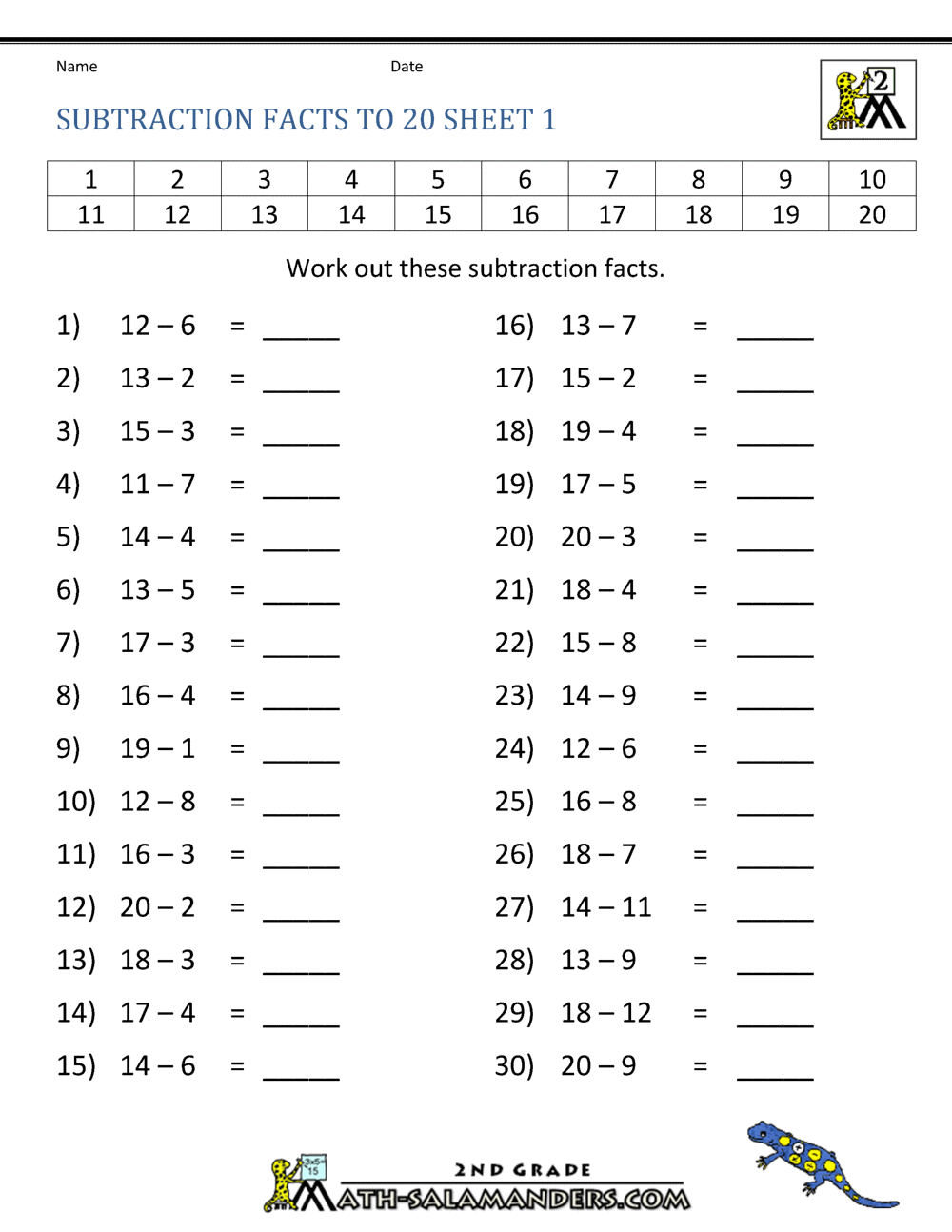 Subtraction To 20 Subtraction To 20