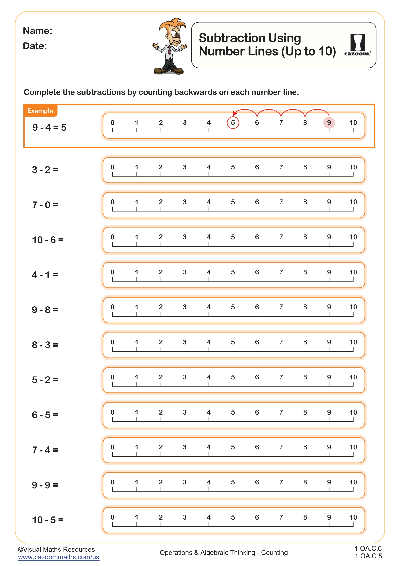 subtraction using number line worksheet