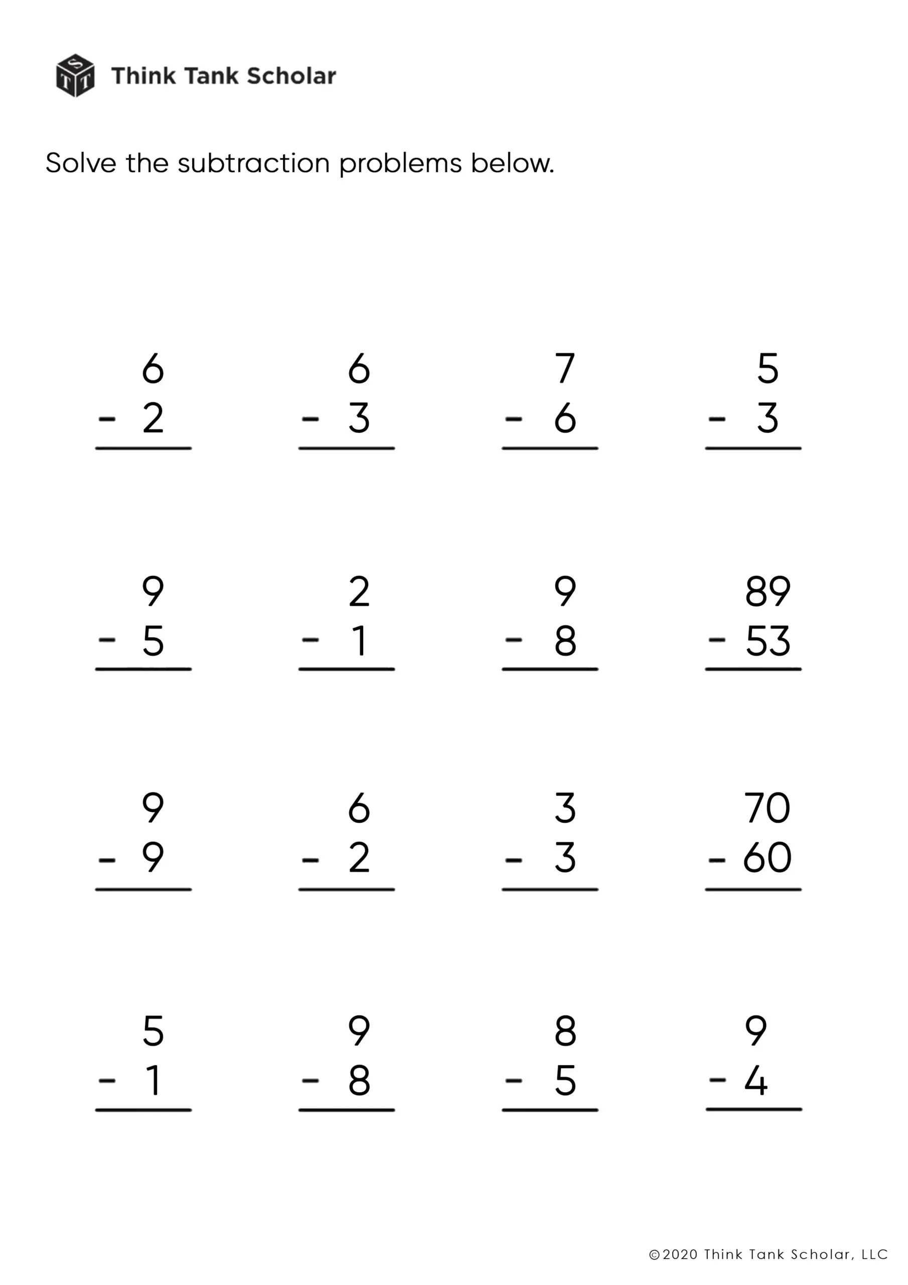 Subtraction Worksheets Exercises Printable PDF FREE Think Tank Scholar