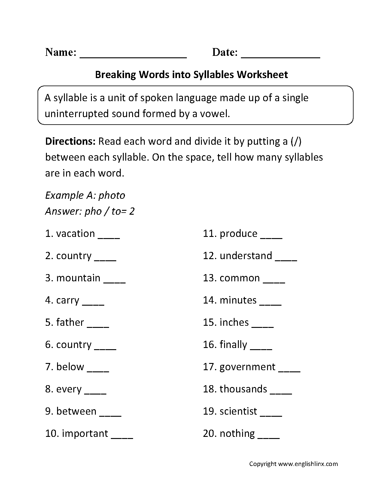 Syllables Worksheets Breaking Words Into Syllables Worksheet Syllables Worksheets Breaking Words Into Syllables Worksheet