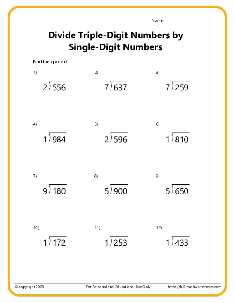 Triple Digit Division K12 Math Worksheets Triple Digit Division K12 Math Worksheets
