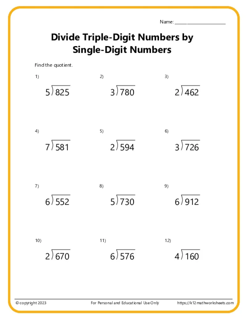 Triple Digit Division K12 Math Worksheets