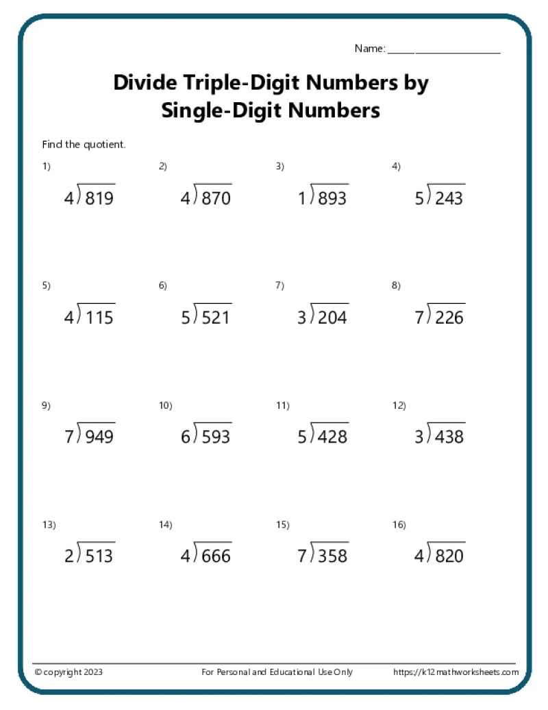 Triple Digit Division K12 Math Worksheets