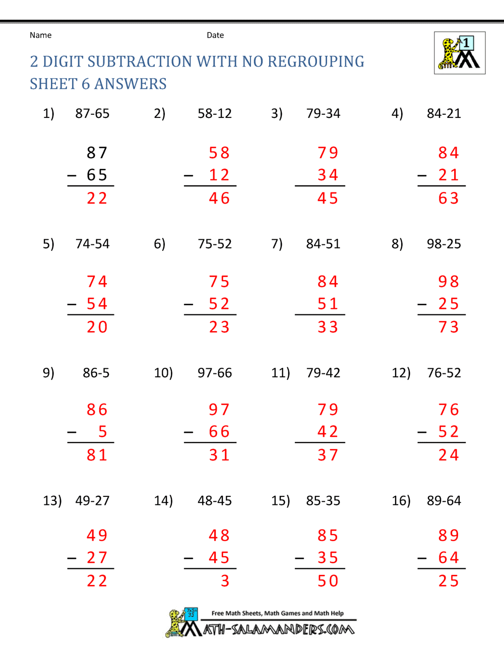 Two Digit Subtraction Without Regrouping