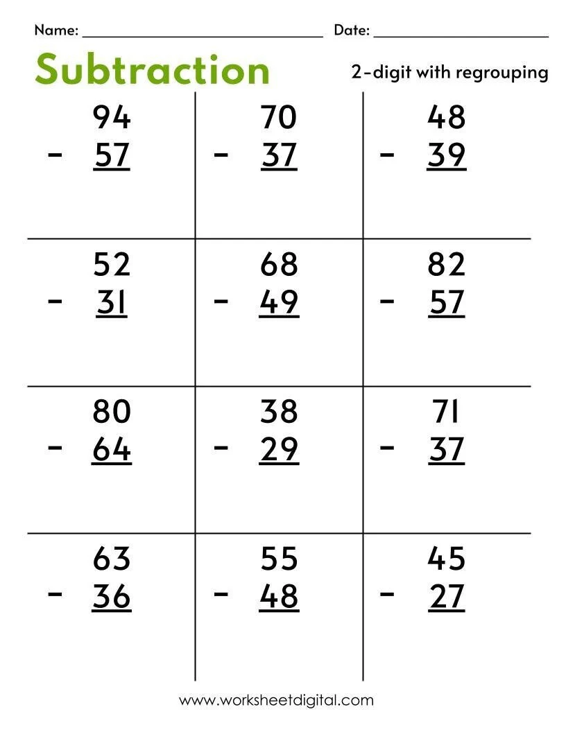 subtraction with borrowing worksheets