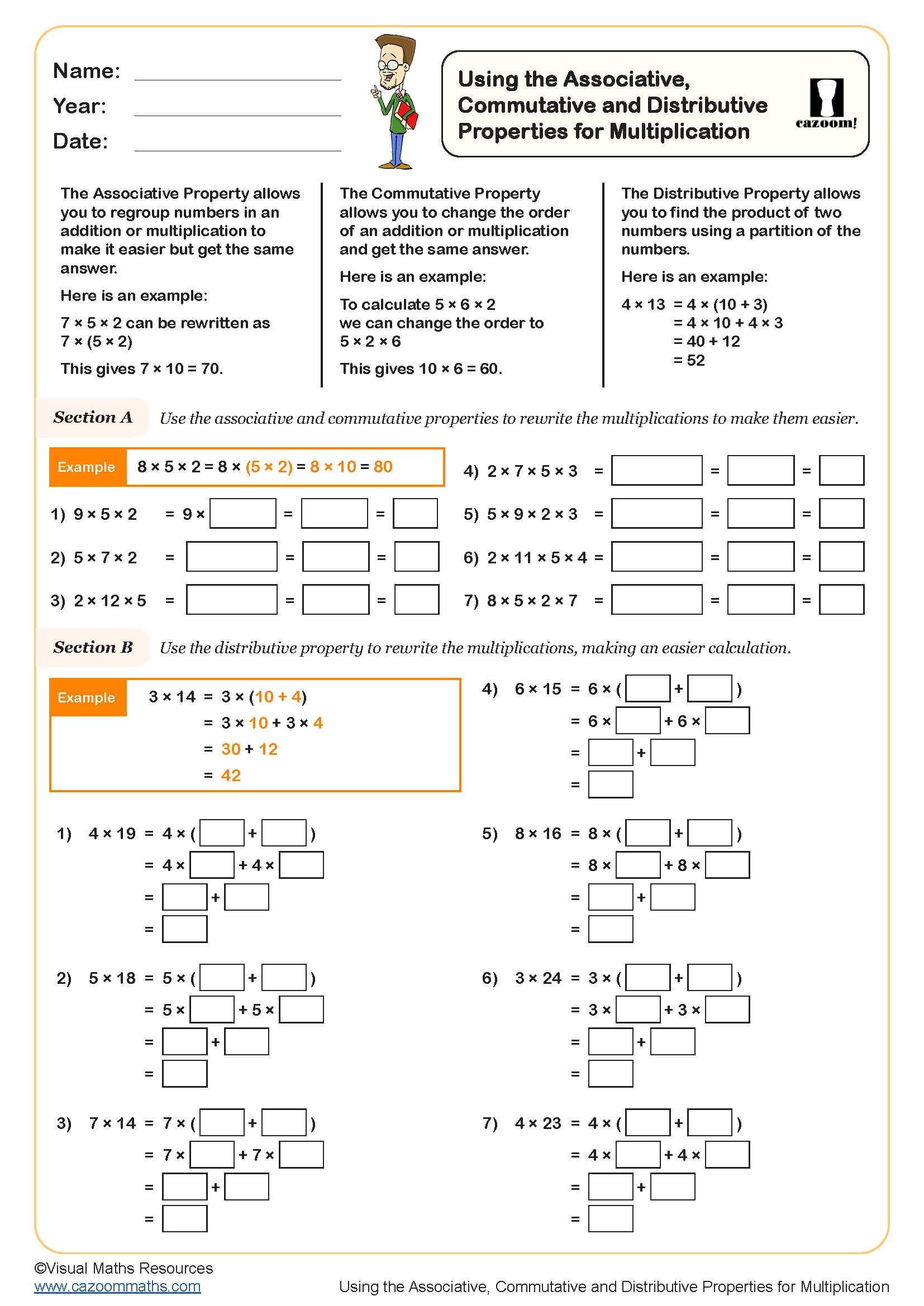 Using The Associative Commutative And Distributive Properties For Multiplication Worksheet PDF Printable Number Worksheets