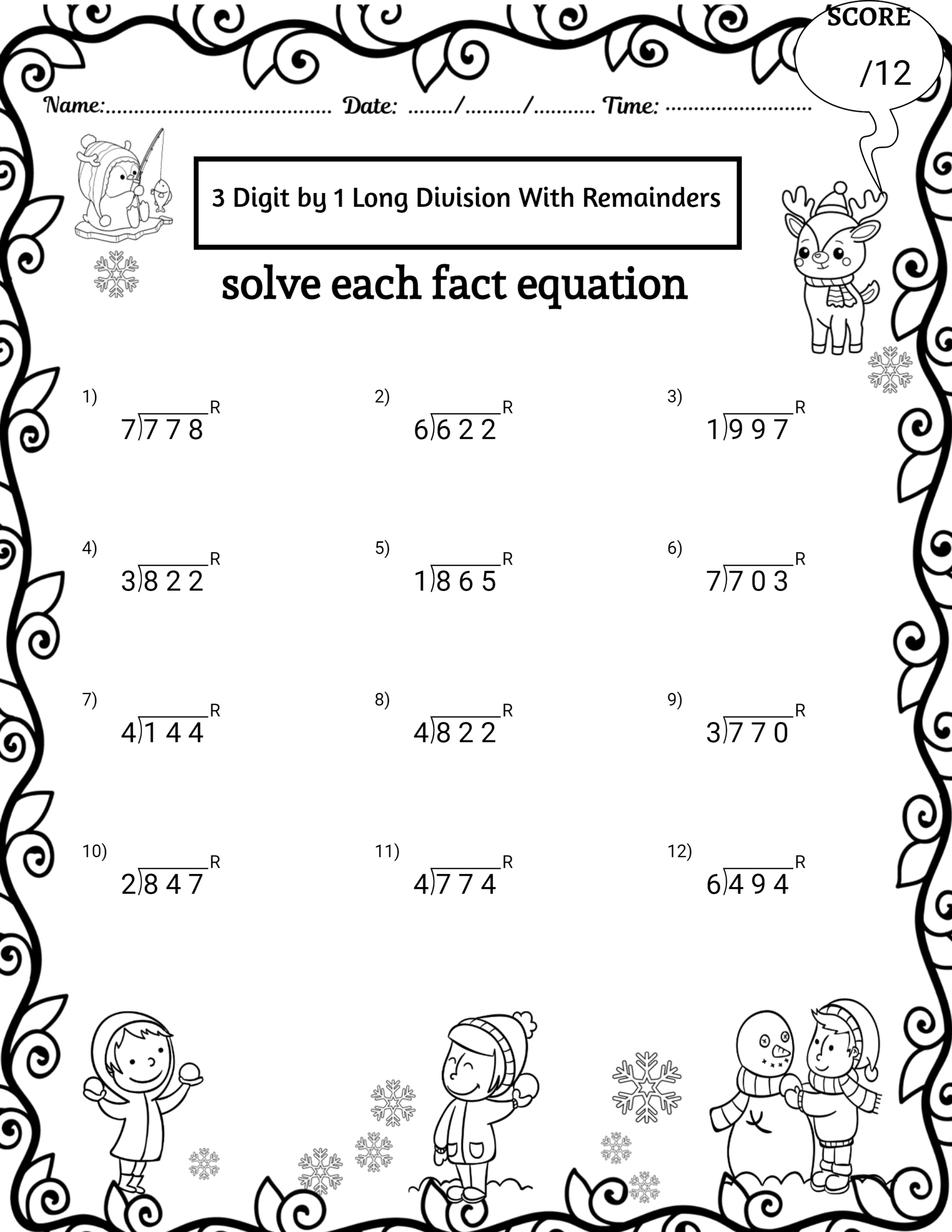 Winter 3 Digit By 1 Digit Long Division Worksheets No Remainders Made By Teachers