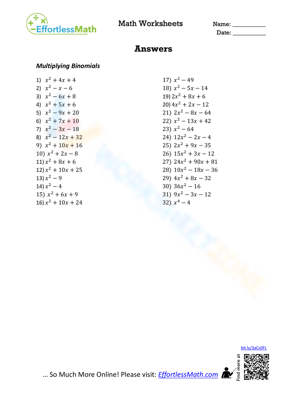 multiplication of binomials worksheet multiplication of binomials worksheet