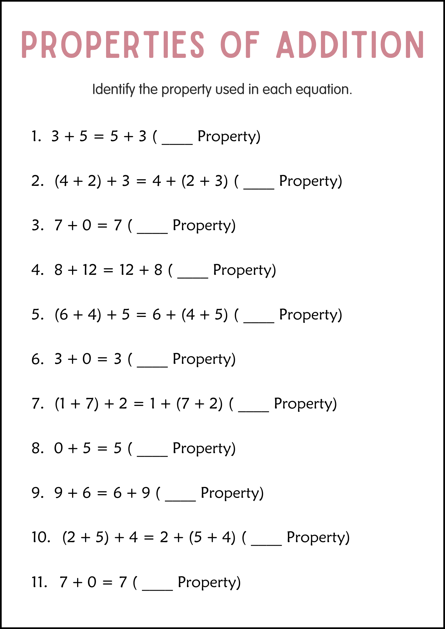 properties of addition worksheet properties of addition worksheet